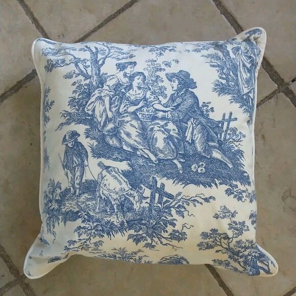 Waverly Blue Toile French Country Life Accent Throw Pillow Square 17x17" - Picture 1 of 6